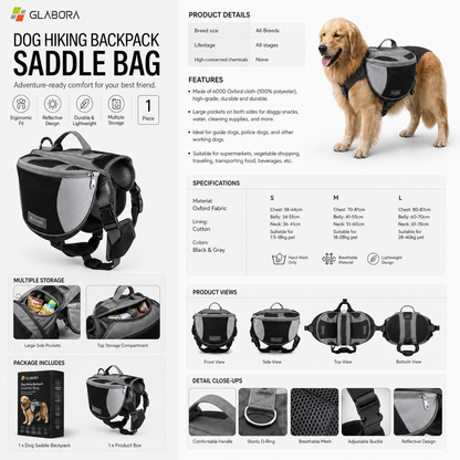 Glabora Adventure & Safety Kit 4-in-1 | Life Jacket, Cooling Vest, LED Collar, and Trekking Backpack for Dogs