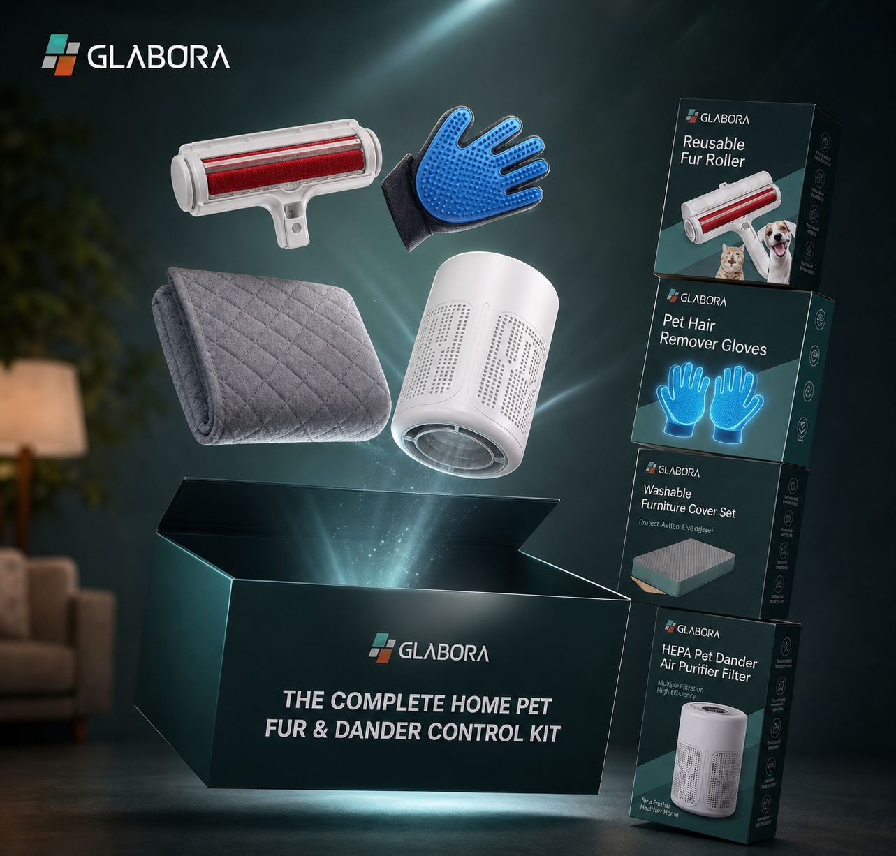 GLABORA KIT CASA SENZA PELI 4-IN-1 | RULLO LEVAPELI, GUANTI IN SILICONE, COPRI-DIVANO IMPERMEABILE E PURIFICATORE HEPA ANTI-FORFORA