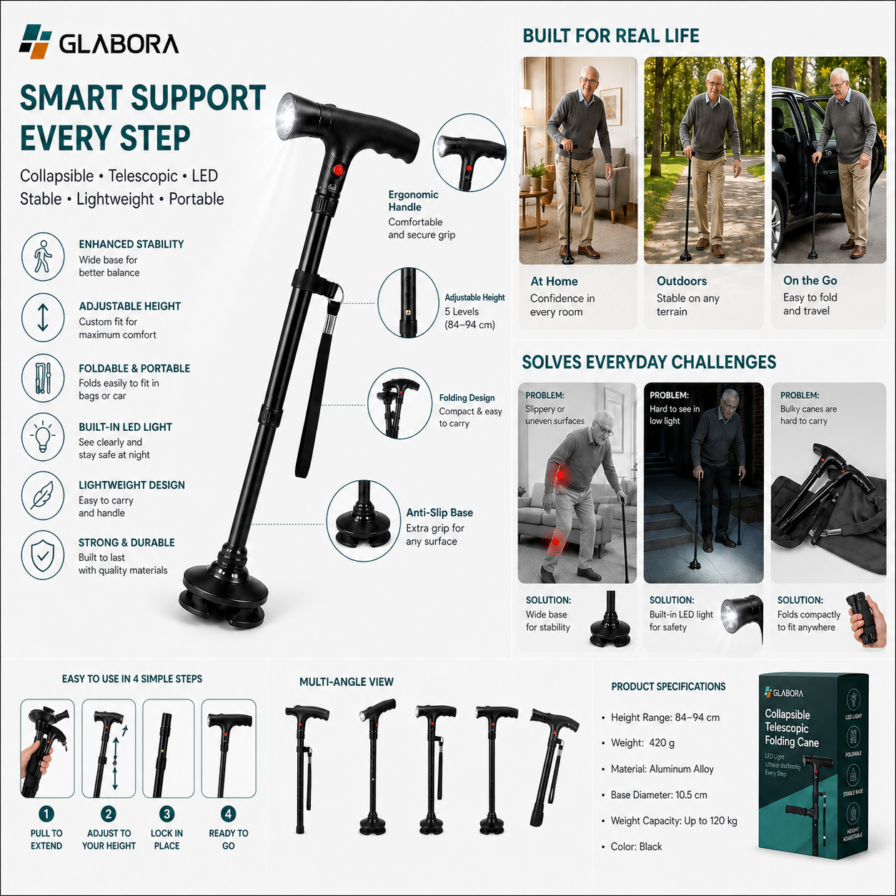 Bastone Anziani | Bastone Telescopico Pieghevole con LED e Allarme | Stabilità e Sicurezza per Passeggiate Sicure