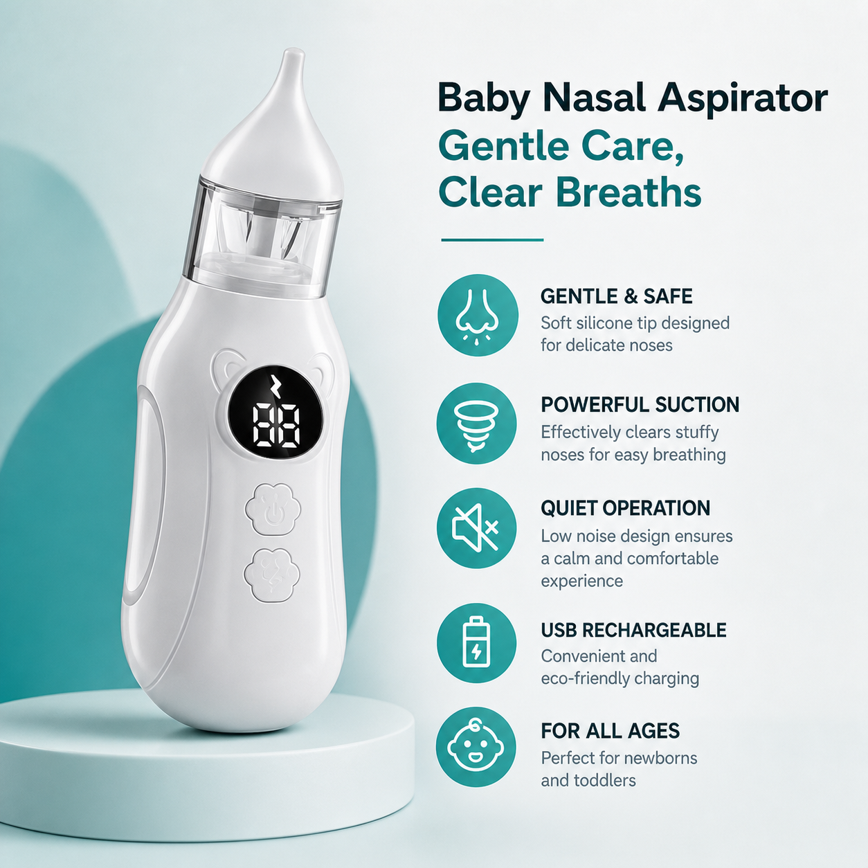 Elektrische neussnuiver voor baby's met 9 snelheden en stil ontwerp | Efficiënte reiniging voor verlichting van verstopping