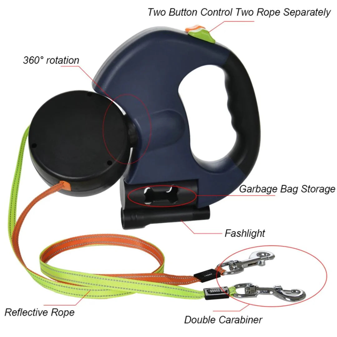 Multifunctional Double Dog Leash with Built-in Flashlight - Independent Control for Safe Walks
