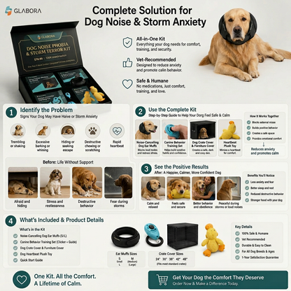 GLABORA DOG ANTI-ANXIETY KIT 4-IN-1 | Noise-Cancelling Headphones, Kennel Darkening Cover, Behavioral Clicker Set, and Heartbeat Plush Toy