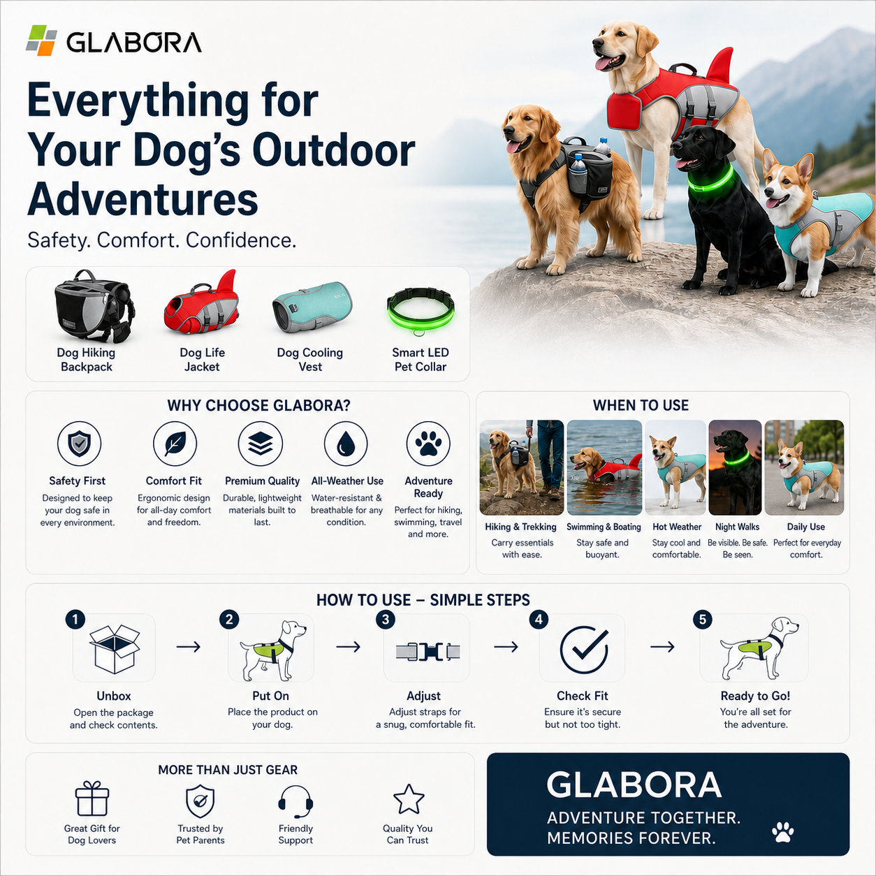 Glabora Adventure & Safety Kit 4-in-1 | Life Jacket, Cooling Vest, LED Collar, and Trekking Backpack for Dogs