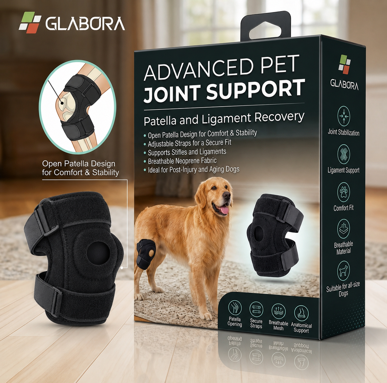 Glabora Kit Pronto Soccorso Animali 4-in-1 | Termometro Auricolare, Kit Zecche, Benda Coesiva e Ginocchiera Ortopedica per Cani e Gatti