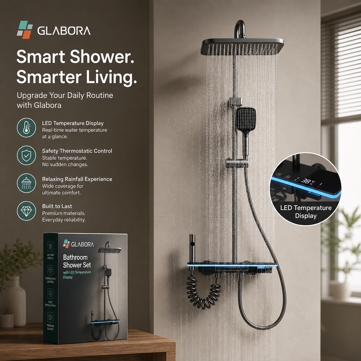 Complete Douche Set | Douchekit met LED Display en Regendouche - Comfort en Veiligheid voor Je Badkamer