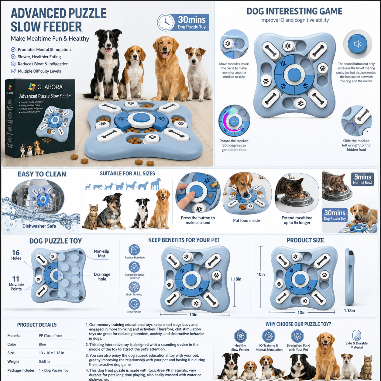 Glabora Kit Perdita Peso & Fitness per Cani 4-in-1 | Slow Feeder Puzzle, GPS Tracker, Set Agilità e Bilancia Digitale