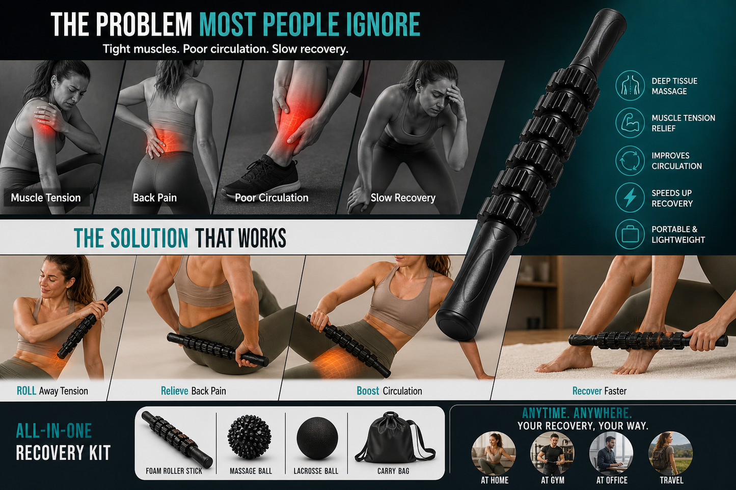Massaggio Profondo | Set 5 in 1 con Sfera, Bastone e Rullo per Esercizi di Fitness e Recupero Muscolare