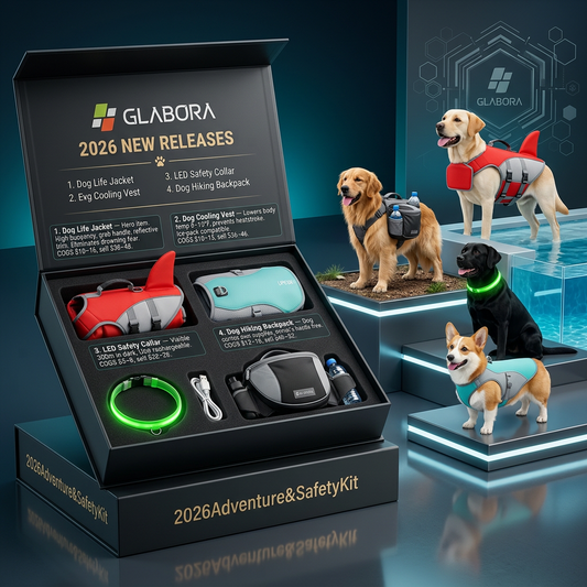Glabora Avontuur & Veiligheidspakket 4-in-1 | REDDINGSVEST, KOELHARNAS, LED HALSBAND EN HONDENTREKKINGRUGZAK