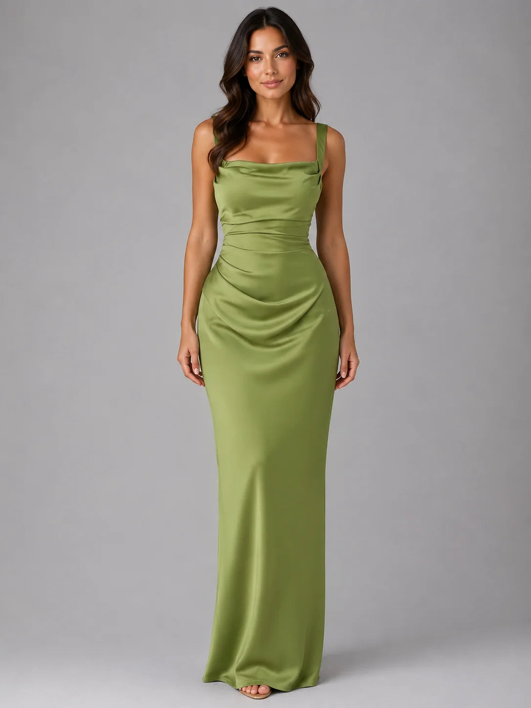 Emma | Elegante Abito Lungo Cerimonia in Satin con Vita Arricciata 0