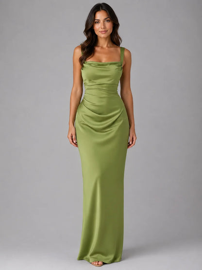 Emma | Elegante Abito Lungo Cerimonia in Satin con Vita Arricciata 0