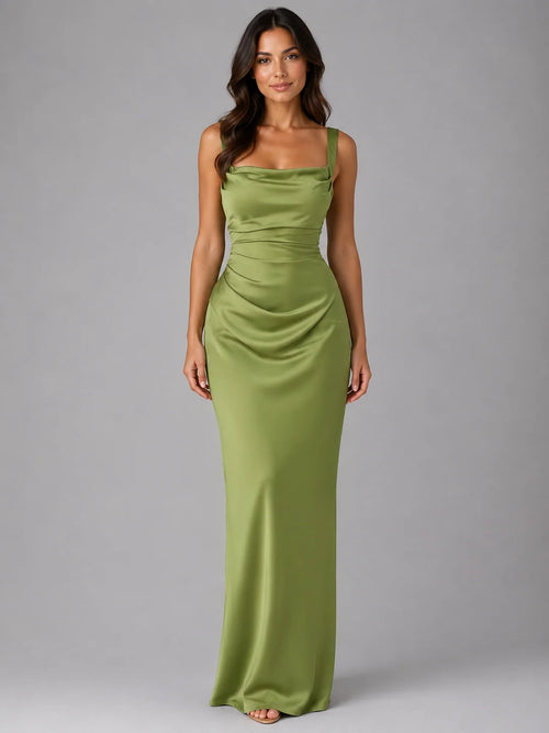 Emma | Elegante Abito Lungo Cerimonia in Satin con Vita Arricciata 0