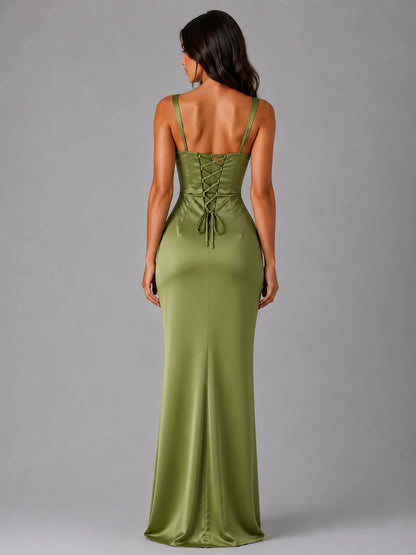 Emma | Elegante Abito Lungo Cerimonia in Satin con Vita Arricciata 1