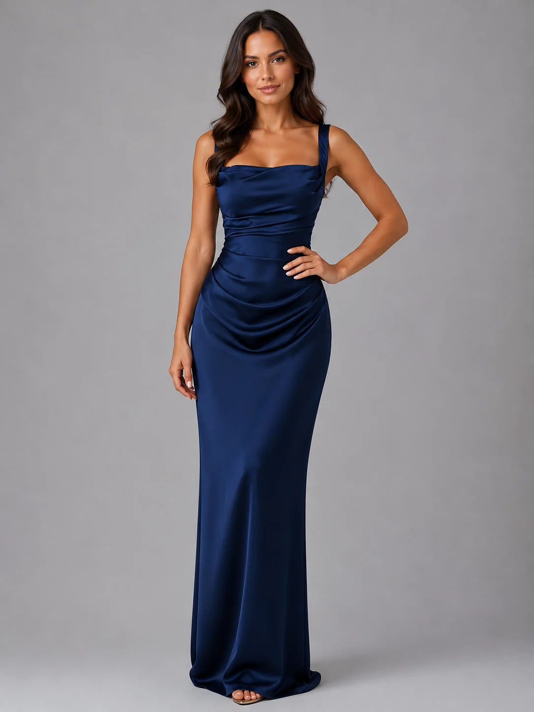 Emma | Elegante Abito Lungo Cerimonia in Satin con Vita Arricciata 4