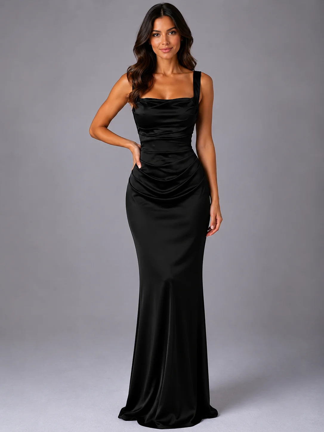 Emma | Elegante Abito Lungo Cerimonia in Satin con Vita Arricciata 5
