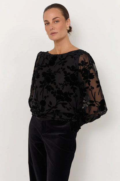 Emma | Elegante Top Burnout Nero con Maniche a Lanterna 1