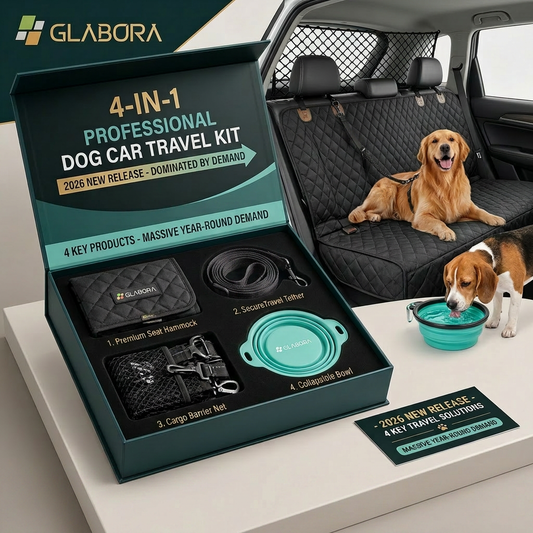 GLABORA HONDEN AUTO REISPAKKET 4-IN-1 | WATERDICHTE STOELBESCHERMER, VEILIGHEIDSGORDEL, NET BARRIÈRE EN DRAAGBARE DRINKFLES