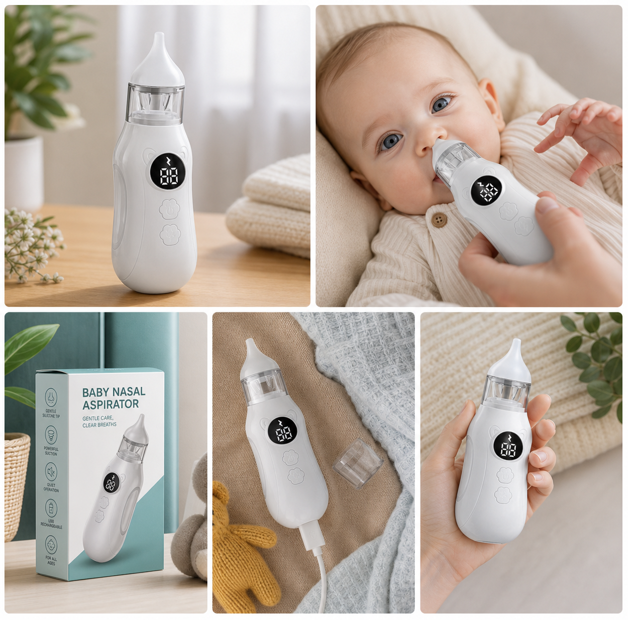 Elektrische neussnuiver voor baby's met 9 snelheden en stil ontwerp | Efficiënte reiniging voor verlichting van verstopping