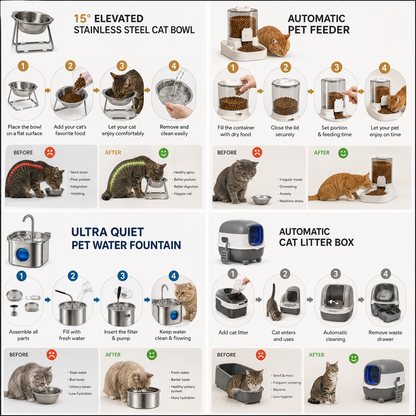 Glabora Cat Care Kit 4-in-1 | Lettiera Automatica, Mangiatoia Gravity, Fontana Filtrante e Ciotola Ergonomica 15° per Gatti