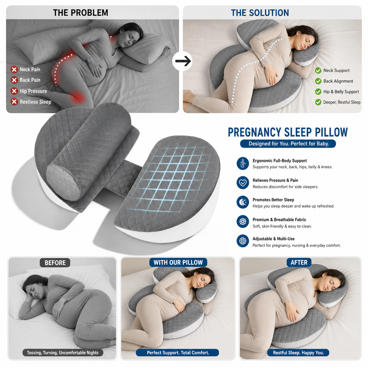 Cuscino Gravidanza | Cuscino per Dormire in Gravidanza con Supporto Ergonomico | Comfort Ottimale per Donne Incinte