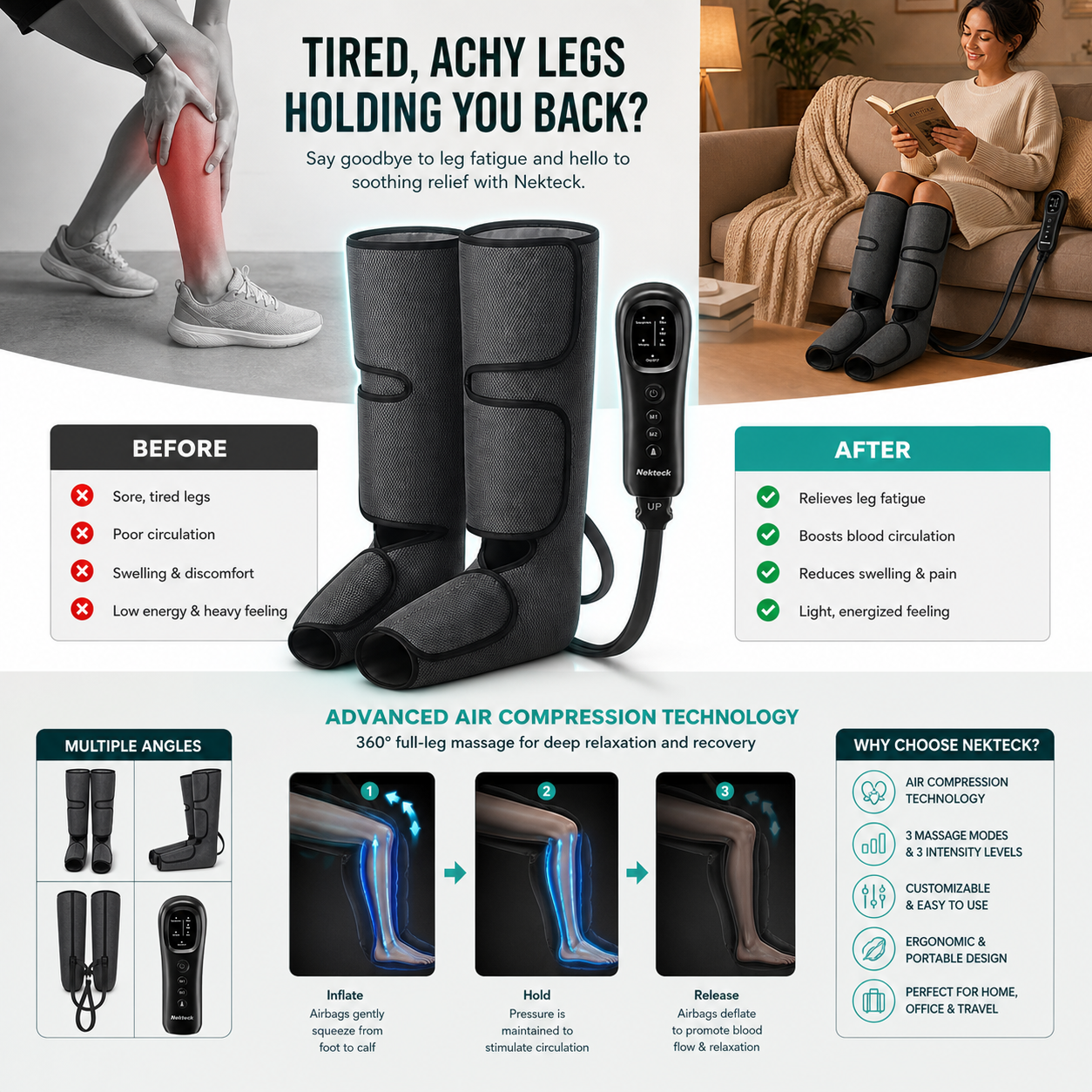 Rilassamento Totale | Massaggiatore per Gambe con Compressione d'Aria e Intensità Regolabile | Drenaggio Linfatico per Comfort e Circolazione