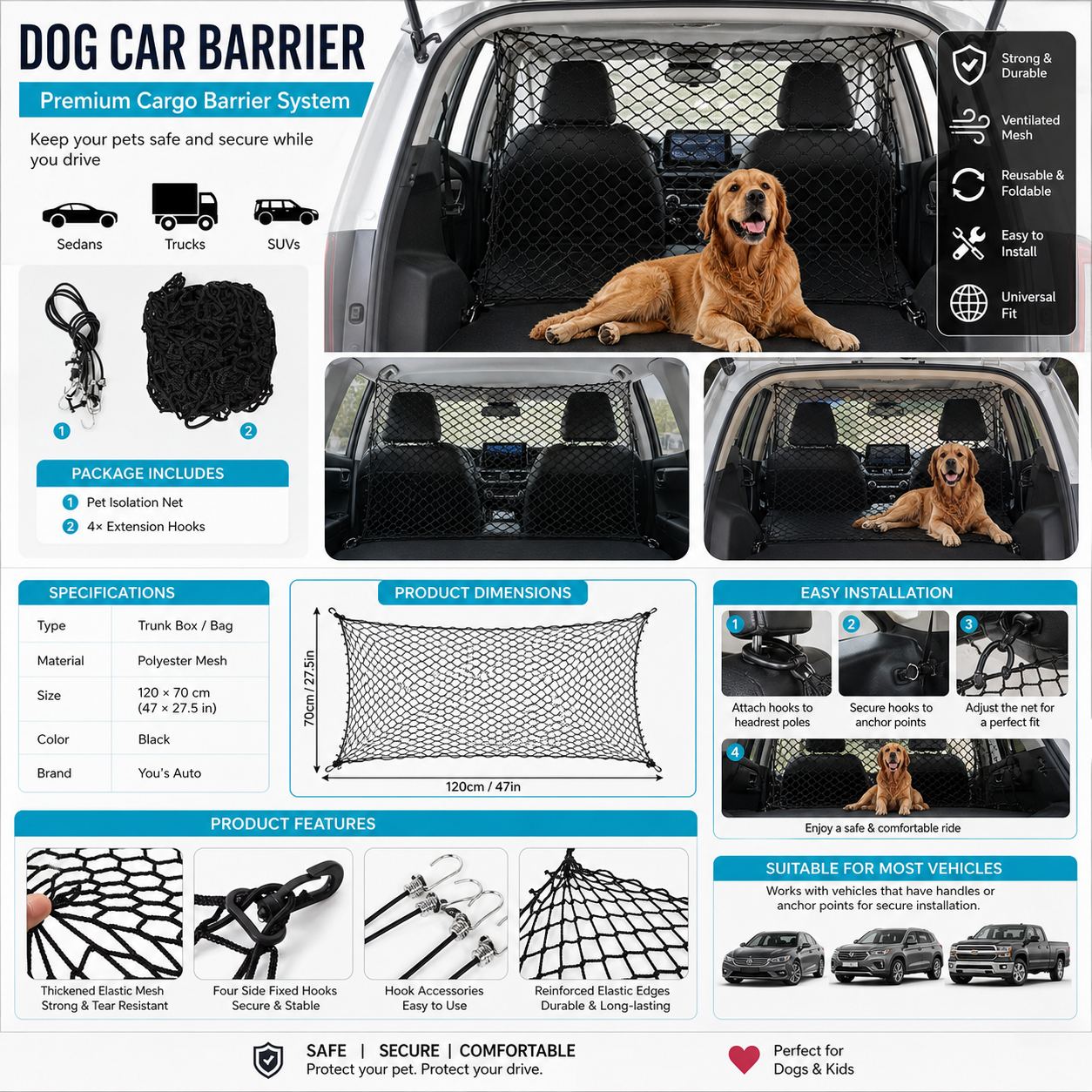 GLABORA KIT VIAGGIO AUTO CANI 4-IN-1 | COPRISEDILE IMPERMEABILE, CINTURA SICUREZZA, RETE BARRIERA E BORRACCIA PORTATILE