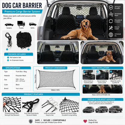GLABORA KIT VIAGGIO AUTO CANI 4-IN-1 | COPRISEDILE IMPERMEABILE, CINTURA SICUREZZA, RETE BARRIERA E BORRACCIA PORTATILE