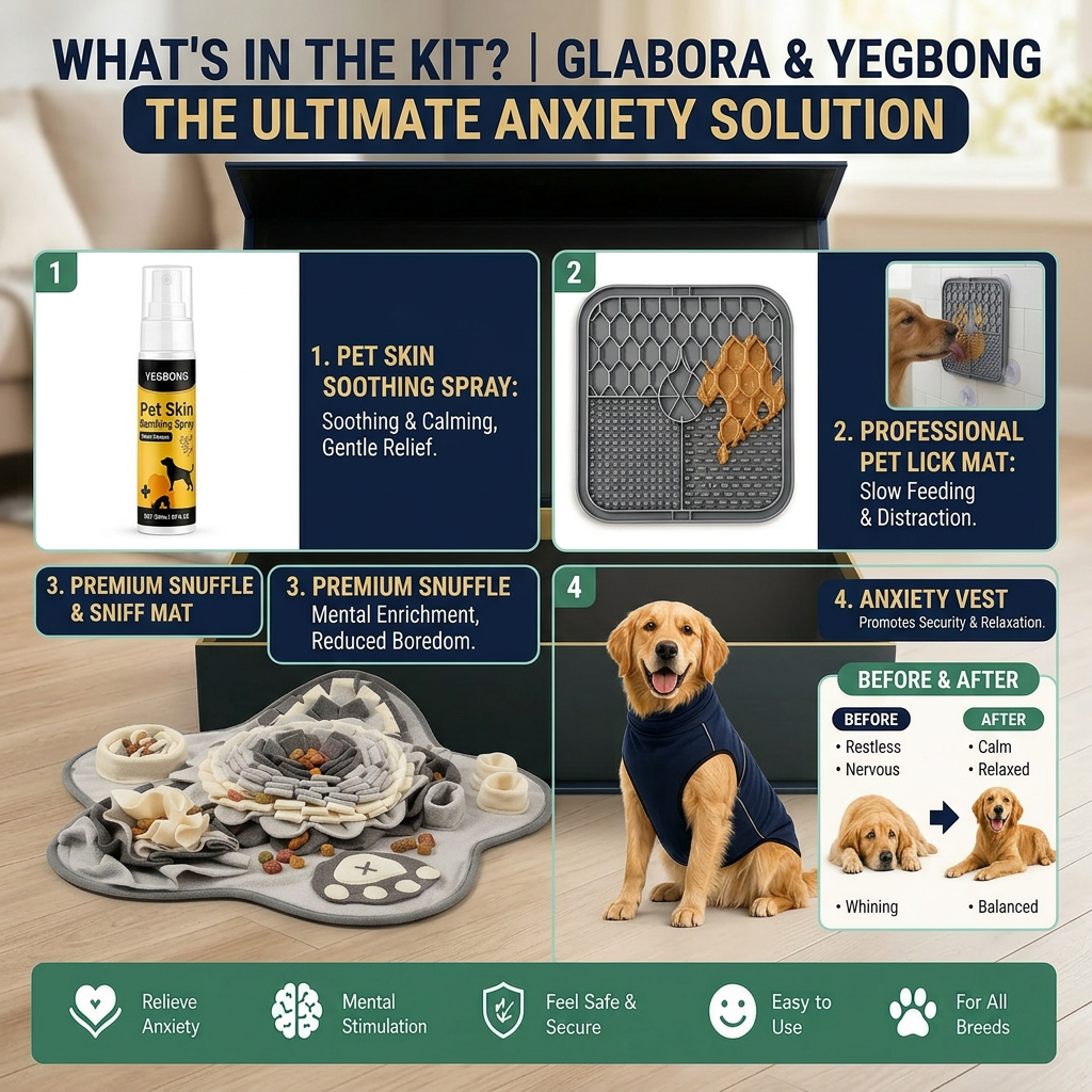 Glabora 4-in-1 Anti-Anxiety Dog Kit, Pressure Vest, Snuffle Mat, Lick Mat & Calming Spray, Stress Relief for Dogs