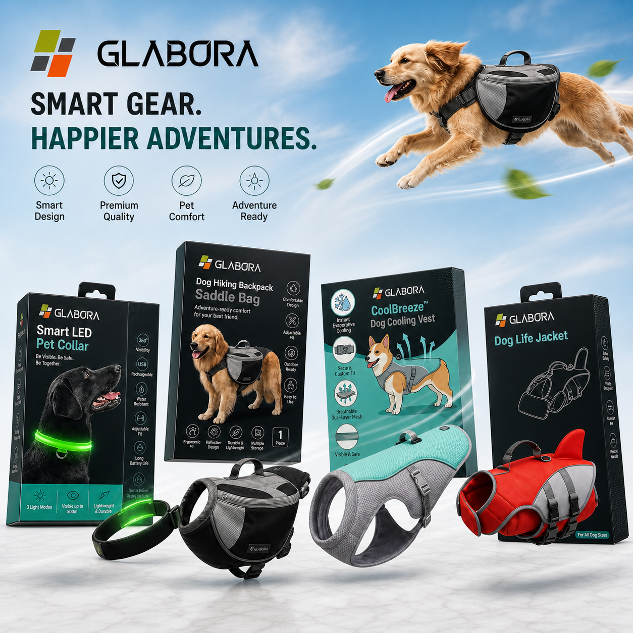 Glabora Adventure & Safety Kit 4-in-1 | Life Jacket, Cooling Vest, LED Collar, and Trekking Backpack for Dogs