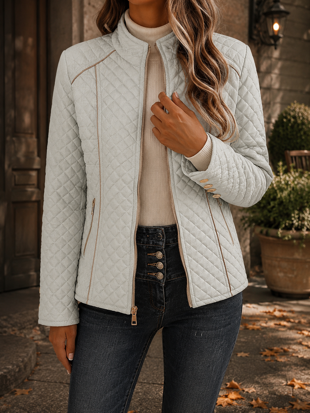 Selene | Fitted Quilted Women's Jacket with High Collar and Contrast Piping - Refined Warmth