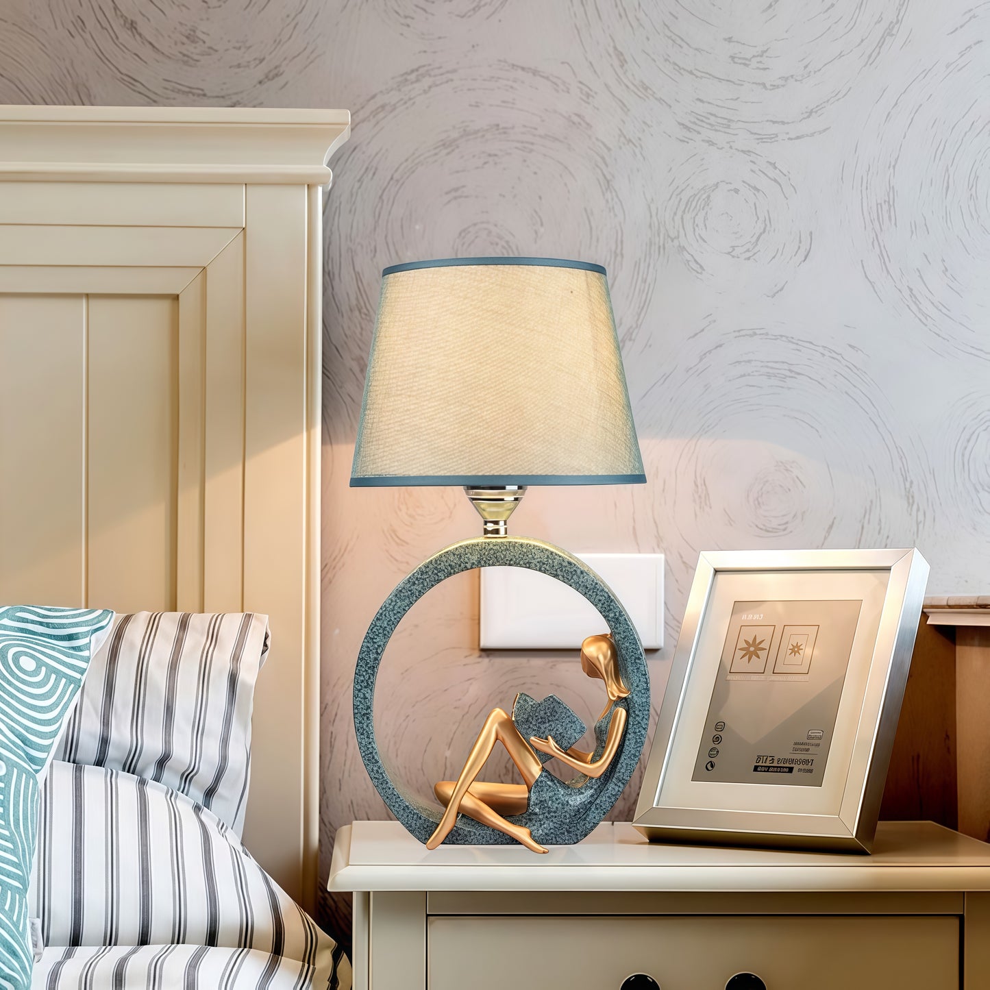 Table Lamp with Resin Base and Fabric Lampshade