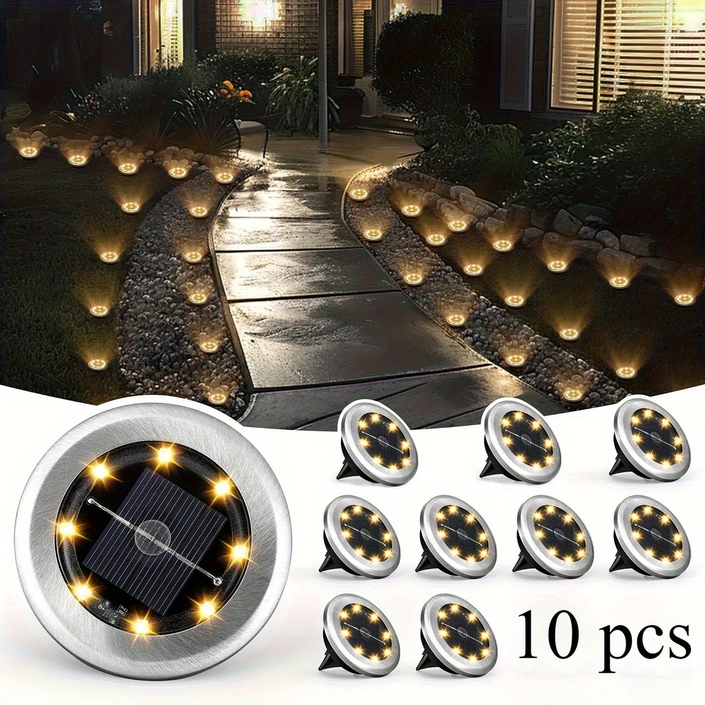 Garden Lighting | Set of 10 Waterproof Solar Lights with Automatic On/Off | Decoration for Walkways and Flowerbeds