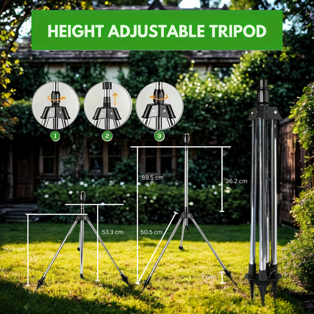 360° Adjustable Garden Sprinkler with Stainless Steel Tripod | Efficient Irrigation System for Lawns and Flowerbeds