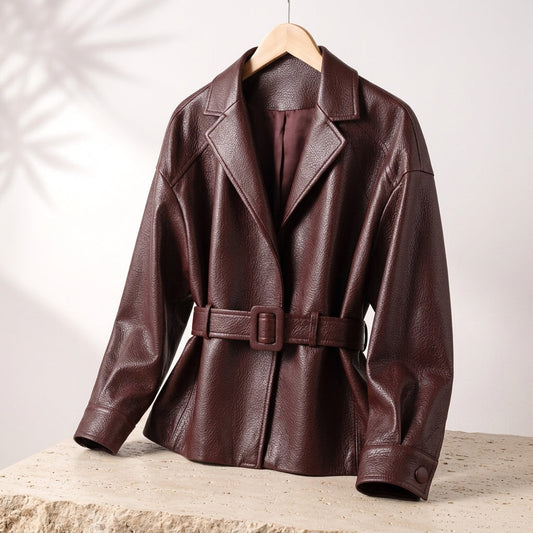 Cesarina | Giacca Corta Donna Effetto Pelle con Revers e Cintura - Stile Sagomato