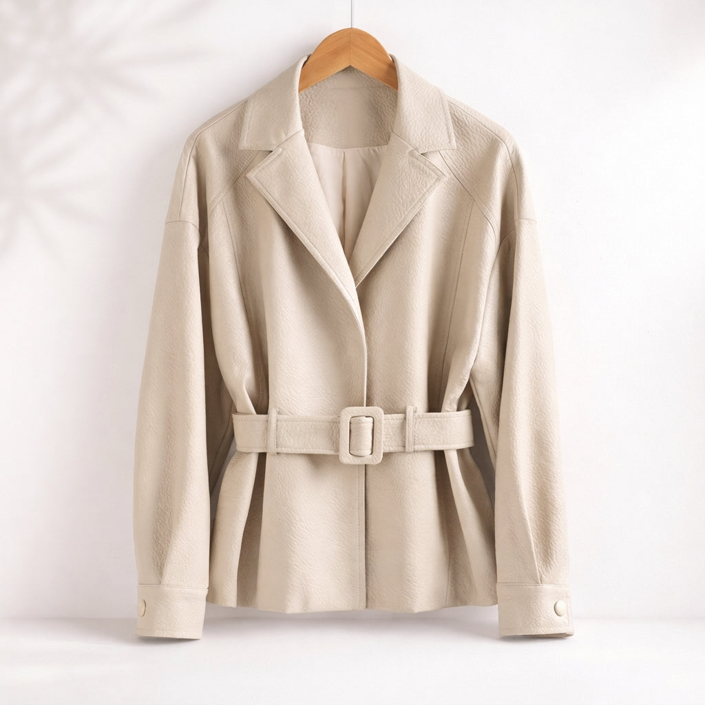 Cesarina | Kurze Damenjacke in Lederoptik mit Revers und Gürtel - Taillierter Stil