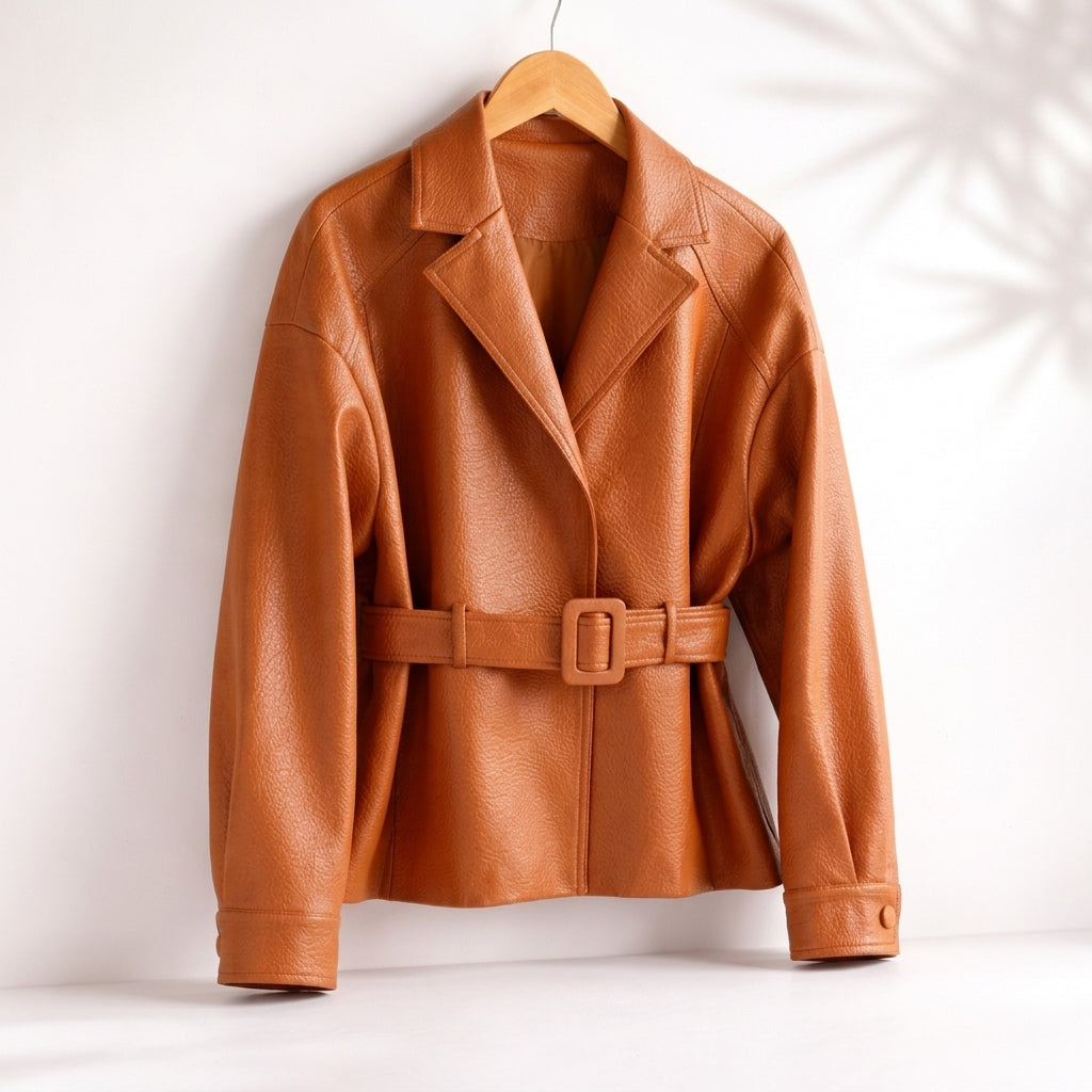 Cesarina | Kurze Damenjacke in Lederoptik mit Revers und Gürtel - Taillierter Stil