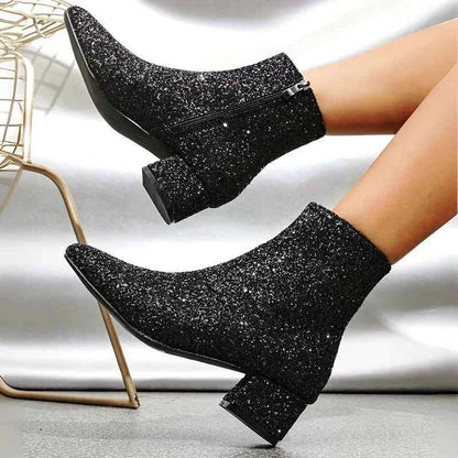 Paola | Glitzer-Stiefeletten für Damen mit breitem Absatz und Reißverschluss - Glanz für den Abend