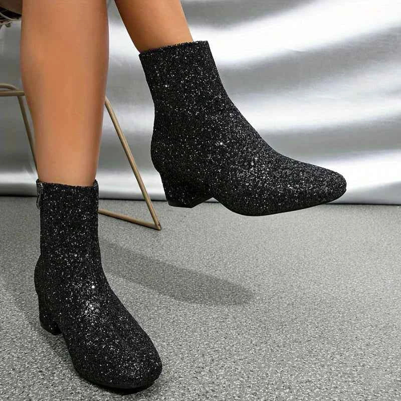 Paola | Glitzer-Stiefeletten für Damen mit breitem Absatz und Reißverschluss - Glanz für den Abend