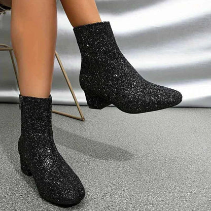 Paola | Glitzer-Stiefeletten für Damen mit breitem Absatz und Reißverschluss - Glanz für den Abend