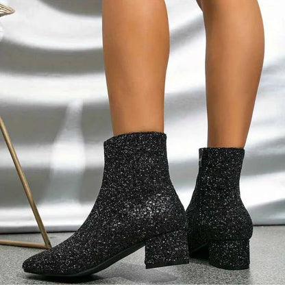 Paola | Glitzer-Stiefeletten für Damen mit breitem Absatz und Reißverschluss - Glanz für den Abend