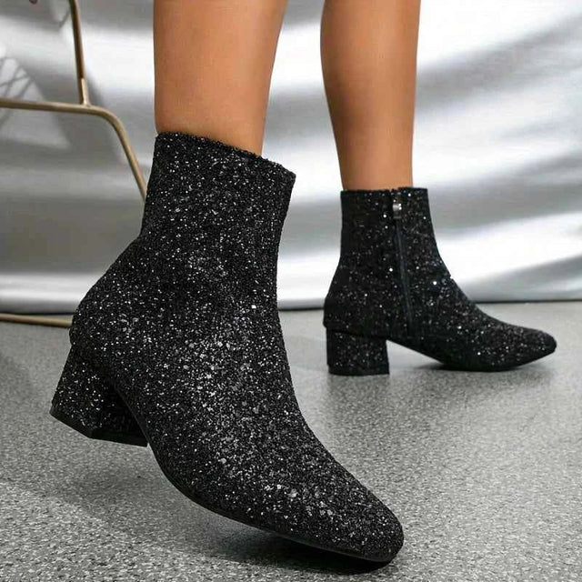 Paola | Glitzer-Stiefeletten für Damen mit breitem Absatz und Reißverschluss - Glanz für den Abend