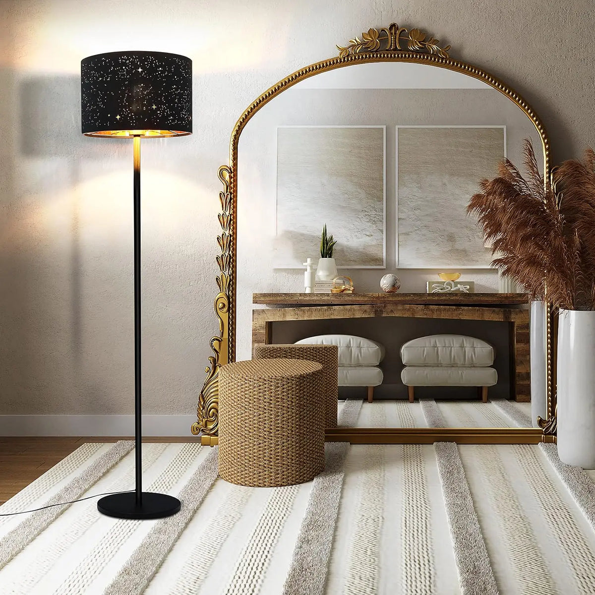 Lampada da Terra Design con Paralume in Tessuto Nero e Oro | Stile Elegante per Atmosfera Accogliente in Soggiorno e Camera da Letto 1