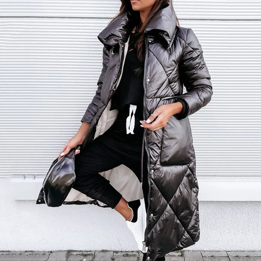 Mirella | Long Quilted Women's Jacket with High Collar and Diamond Pattern - Uncompromising Warmth