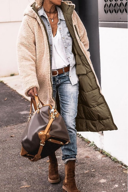 Sibilla | Women's Long Reversible Padded Coat with Sherpa Lining and Hood - Two Looks in One