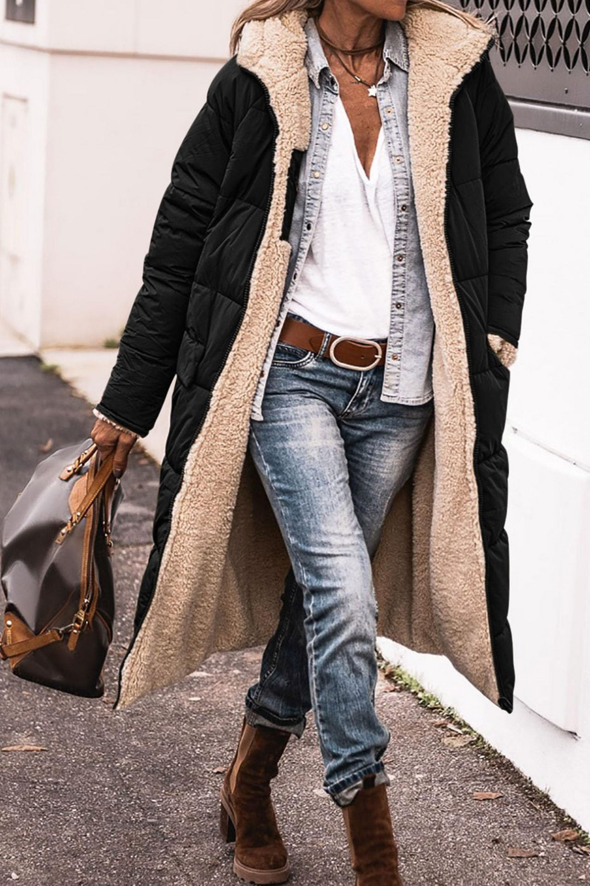 Sibilla | Women's Long Reversible Padded Coat with Sherpa Lining and Hood - Two Looks in One
