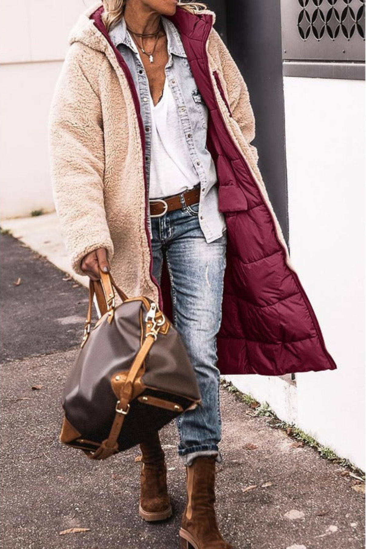 Sibilla | Women's Long Reversible Padded Coat with Sherpa Lining and Hood - Two Looks in One