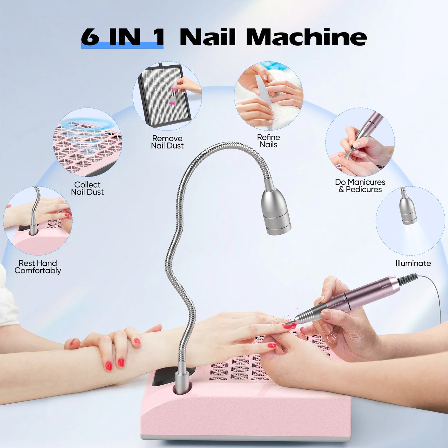 Macchina per Unghie 6 in 1 | Trapano Elettrico con Raccoglitore di Polvere e Lampada LED | Strumento Multifunzionale per Nail Art e Design Unghie 0