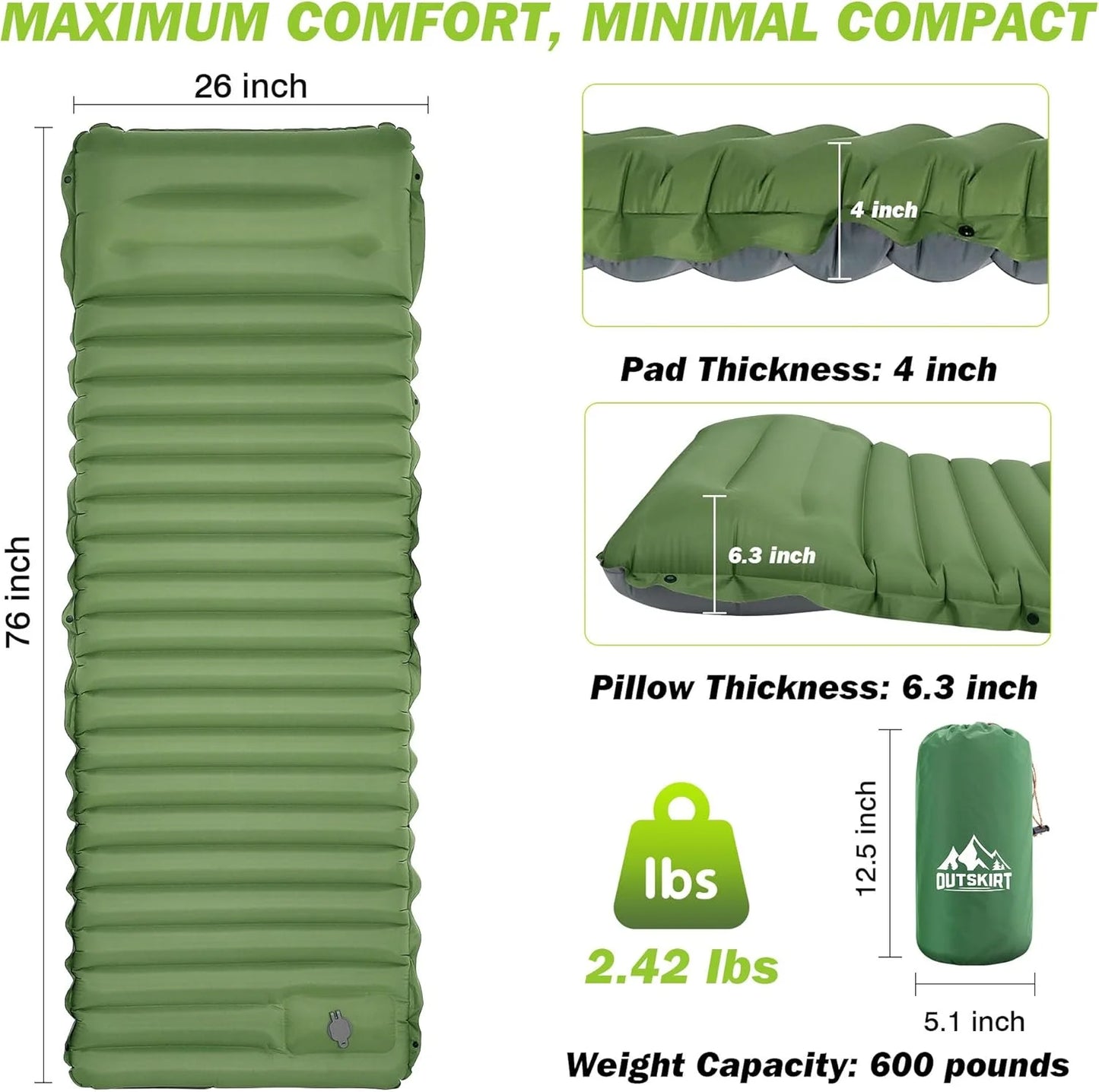 Extra Thick Camping Mat | 4-Inch Self-Inflating Pad for Comfort and Versatility