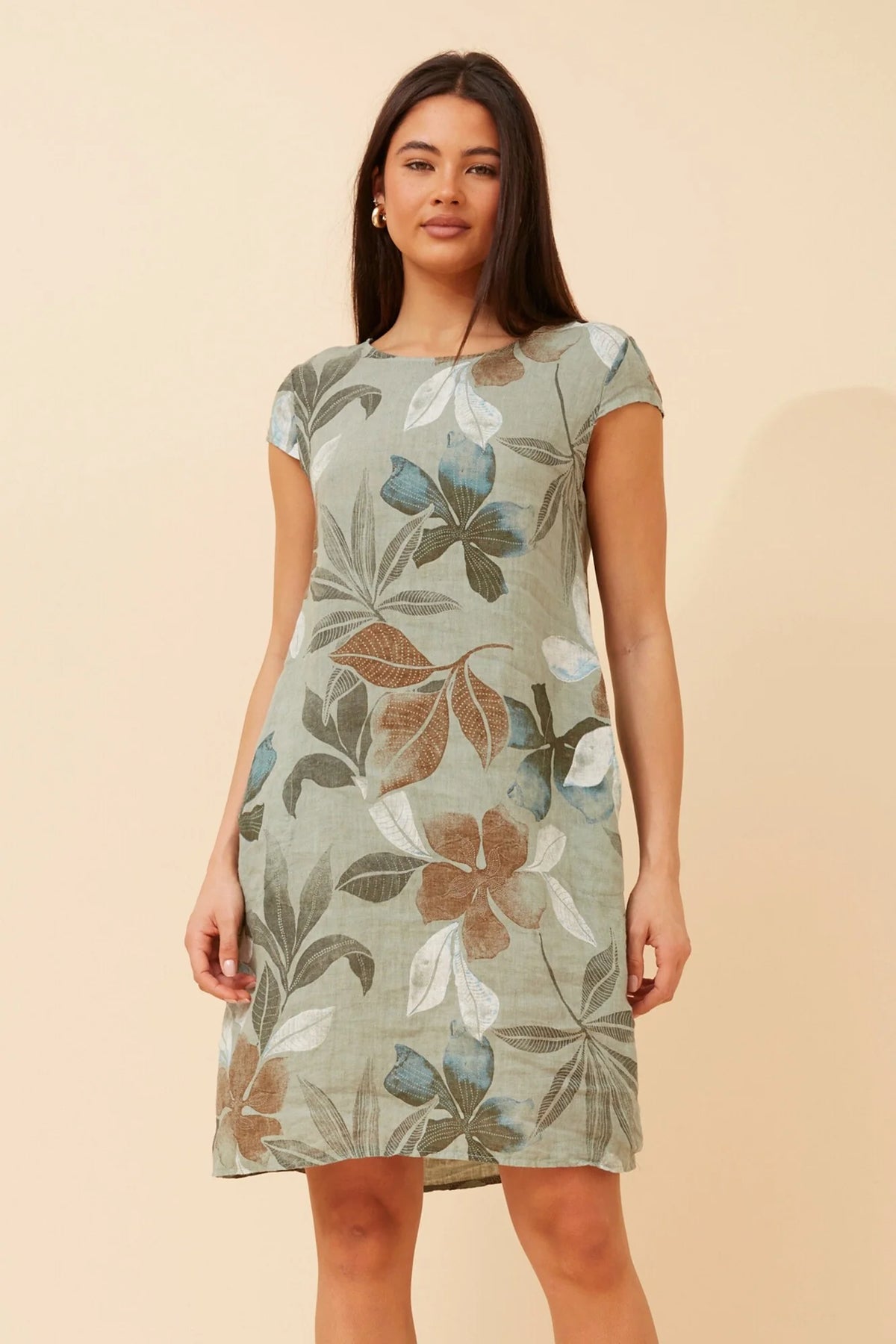 Mia | Elegante Abito Donna in Lino con Stampa Foglia Casual 10