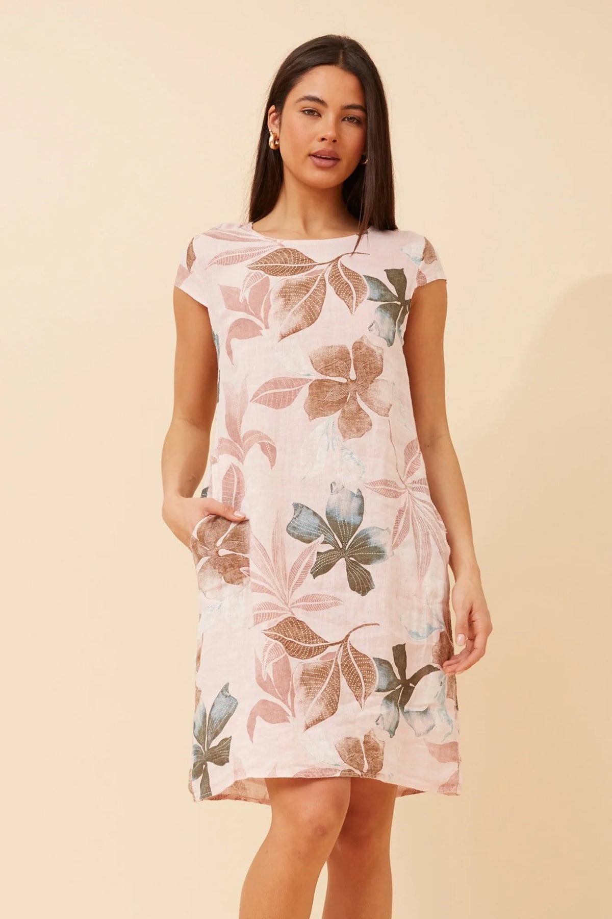 Mia | Elegante Abito Donna in Lino con Stampa Foglia Casual 9