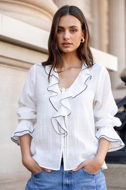 Mia | Elegante Blusa Trasparente con Rouches e Bordo Nero 0